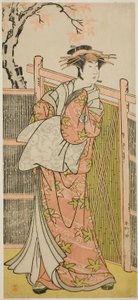 Näyttelijä Sawamura Sojuro III kurtisaani Takaon henkenä näytelmässä Takao Daimyojin Momiji no Tamagaki, joka esitettiin Nakamura-teatterissa seitsemäntenä kuukautena vuonna 1787. tekijältä Katsukawa Shunkо̄