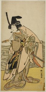 Näyttelijä Yamashita Kinsaku II rouva Kikusuina (Kikusui Gozen) näytelmässä Kaeribana Eiyu Taiheiki, joka esitettiin Nakamura-teatterissa yhdentenätoista kuukautena vuonna 1779. tekijältä Katsukawa Shunkо̄