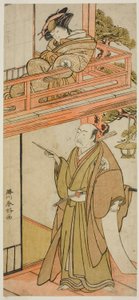 Näyttelijät Iwai Hanshiro IV (Okaru) ja Onoe Kikugoro I () (Yuranosuke) tekijältä Katsukawa Shunkо̄