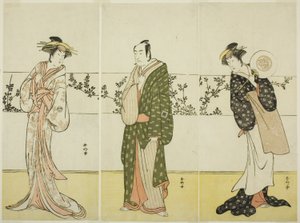 Näyttelijät Osagawa Tsuneyo II (oikealla), Ichikawa Monnosuke II (keskellä) ja Segawa Kikunojo III (vasemmalla), mahdollisesti rooleissa Misao Gozen, Matsuya Soshichi ja Hakatan kurtisaani Kojoro näytelmässä Chiyo no Hajime Ondo no Seto (Ikuisuuden alku: O tekijältä Katsukawa Shunkо̄