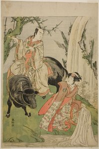 Näyttelijät Segawa Kikunojo III prinsessa Hatsunena (Hatsune Hime) (oikealla) ja Ichikawa Monnosuke II Miyukinosuke Yukinarina näytelmässä Otokoyama Furisode Genji, joka esitettiin Kiri-teatterissa yhdentenätoista kuukautena 1785. tekijältä Katsukawa Shunkо̄