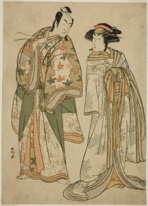 Näyttelijät Segawa Kikunojo III kurtisaanina Sumizome (oikealla) ja Ichikawa Monnosuke II Goinosuke Yoshimine (vasemmalla) näytelmässä Juni-hitoe Komachi-zakura, joka esitettiin Kiri-teatterissa yhdentenätoista kuukautena vuonna 1784. tekijältä Katsukawa Shunkо̄
