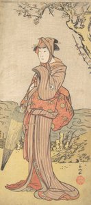 Iwai Kiyotaro naisena seisovana luumupuun alla, n. 1788. tekijältä Katsukawa Shunko