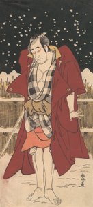 Onoe Matsusuke miekalla aseistettuna miehenä seisomassa lumessa aidan edessä, 1786. tekijältä Katsukawa Shunko