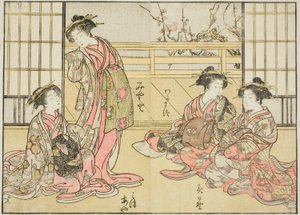 Kadotamayan kurtisaanit, kirjasta "Mirror of Beautiful Women of the Pleasure Quarters (Seiro bijin awase sugata kagami)", voi. 1 tekijältä Katsukawa Shunsho