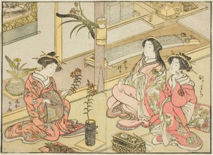 Kadotsutayan kurtisaanit kirjasta "Mirror of Beautiful Women of Pleasure Quarters (Seiro bijin awase sugata kagami)", voi. 1 tekijältä Katsukawa Shunsho