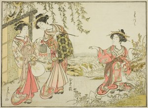 Kadotsutayan kurtisaanit kirjasta "Mirror of Beautiful Women of Pleasure Quarters (Seiro bijin awase sugata kagami)", voi. 1 tekijältä Katsukawa Shunsho