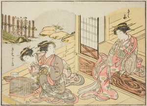 Kagemanjiyan kurtisaanit kirjasta "Mirror of Beautiful Women of the Pleasure Quarters (Seiro bijin awase sugata kagami)", voi. 1 tekijältä Katsukawa Shunsho