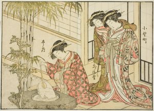 Maruyan kurtisaanit, kirjasta "Mirror of Beautiful Women of the Pleasure Quarters (Seiro bijin awase sugata kagami)," voi. 2 tekijältä Katsukawa Shunsho