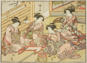 Matsubayan kurtisaanit kirjasta "Mirror of Beautiful Women of the Pleasure Quarters (Seiro bijin awase sugata kagami)", voi. 1 tekijältä Katsukawa Shunsho
