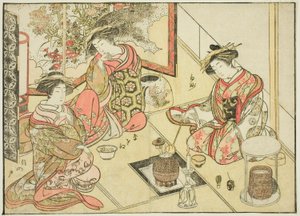 Okaneyan kurtisaanit, kirjasta "Mirror of Beautiful Women of the Pleasure Quarters (Seiro bijin awase sugata kagami)," voi. 2 tekijältä Katsukawa Shunsho