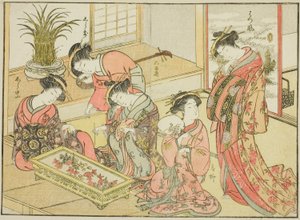 Wakanayan kurtisaanit kirjasta "Mirror of Beautiful Women of the Pleasure Quarters (Seiro bijin awase sugata kagami)," voi. 1 tekijältä Katsukawa Shunsho