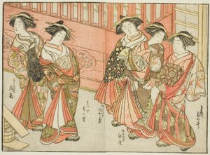 Viisi eri talojen kurtisaania, kirjasta "Mirror of Beautiful Women of Pleasure Quarters (Seiro bijin awase sugata kagami)," voi. 3 tekijältä Katsukawa Shunsho
