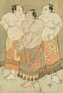 Täyspitkät muotokuvat painijista Nishikigi, Todagawa ja Iwagaseki, jotka esittävät itsensä kehässä (värillinen puupainatus) tekijältä Katsukawa Shunsho