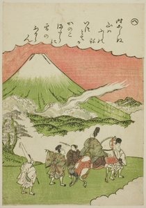 "Hän": Fuji-vuori, Surugan maakunta, sarjasta Tales of Ise in Fashionable Brocade Pictures (Furyu nishiki-e Ise monogatari) tekijältä Katsukawa Shunsho