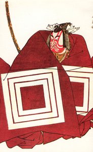 Ichikawa Dan Juro V:n jäsen Tei jonkin aikaa ja Shigemitsu Tei Nakamura-zassa, 1782. tekijältä Katsukawa Shunsho