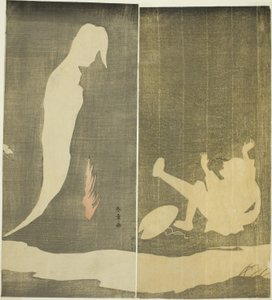 Mies putoaa taaksepäin naisen haamun säikäyttämänä joen yli, noin 1782 (värillinen puupiirros; hosoban-diptyykki). tekijältä Katsukawa Shunsho