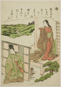"Nu": Crossing Tatsuta, sarjasta "Tales of Ise in Fashionable Brocade Pictures (Furyu nishiki-e Ise monogatari)" tekijältä Katsukawa Shunsho