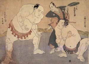 Onagawa Kisaburo ja Tanikaze Kajinosuke suorittavat Shirikin Dohyossa, tuomarina Kimura Shonosuke. tekijältä Katsukawa Shunsho