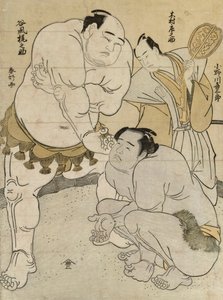 Onagawa Uki Saburo -luonnoksen valmisteleminen Tanikaze Kajinosuke, erotuomari Kimura Shosuke tekijältä Katsukawa Shunsho