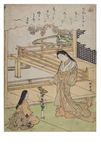 Tavu - Kyo Tales of Ise -sarjasta muodikkailla brokadiprinteillä, n. 1770-1773 (puupalikka paperilla) tekijältä Katsukawa Shunsho