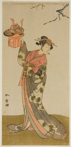 Näyttelijä Arashi Hinaji I Hananoina näytelmässä Gosho-zakura Horikawa Youchi, esitettiin Ichimura-teatterissa neljännessä kuukaudessa, 1773 tekijältä Katsukawa Shunsho