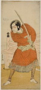 Näyttelijä Ichikawa Danjuro V Abe no Sadaton roolissa näytelmässä Oshu Adachi ga Hara, esitettiin Ichimura-teatterissa viidennessä kuussa, 1777 tekijältä Katsukawa Shunsho
