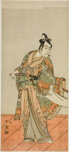 Näyttelijä Ichikawa Danjuro V Kudo Kanaishina (?) näytelmässä Izu-goyomi Shibai no Ganjitsu (?), joka esitettiin Morita-teatterissa (?) yhdestoista kuukaudessa, 1772 (?) tekijältä Katsukawa Shunsho