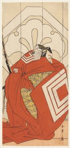 Näyttelijä Ichikawa Danjuro V "Shibaraku"-roolissa, luultavasti Kato Hyoeisa Shigemitsu, näytelmän Masakado Kammuri no Hatsuyuki (Ensimmäinen lumi Taira no Masakadon hovin päähineessä) kolmannessa kohtauksessa, joka esitettiin Nakamura-teatterissa yhdestoi tekijältä Katsukawa Shunsho
