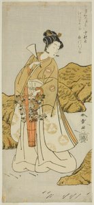 Näyttelijä Ichikawa Monnosuke II Shira-gikuna, temppelisivuna, näytelmässä Haru wa Soga Akebono-zoshi, esitettiin Nakamura-teatterissa ensimmäisenä kuukautena, 1772 tekijältä Katsukawa Shunsho