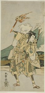Näyttelijä Ichikawa Monnosuke II Soga no Goro Tokimunena näytelmässä Haru wa Soga Akebono-zoshi (?), joka esitettiin Nakamura-teatterissa (?) ensimmäisenä kuukautena, 1772 (?) tekijältä Katsukawa Shunsho