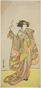 Näyttelijä Ichikawa Monnosuke II kurtisaani Kewaizaka no Shoshoa näytelmässä Sono Kyodai Fuji no Sugatami, esitettiin Morita-teatterissa ensimmäisenä kuukautena, 1776 tekijältä Katsukawa Shunsho