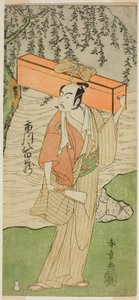 Näyttelijä Ichikawa Yaozo II Soga no Juro Sukenarina Naamioitunut ammattimieheksi Senrakuksi (?) näytelmässä Soga Moyo Aigo no Wakamatsu (?), esitettiin Nakamura-teatterissa (?) toisessa kuussa, 1769 (?) tekijältä Katsukawa Shunsho