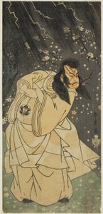 Näyttelijä Ichimura Uzaemon IX Kan Shojona näytelmässä Sugawara Denju Tenarai Kagami, joka esitettiin Ichimura-teatterissa kahdeksannessa kuukaudessa, 1768 tekijältä Katsukawa Shunsho