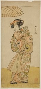 Näyttelijä Ikushima Daikichi III kurtisaani Naniwazuna näytelmässä Saki Masuya Ume no Kachidoki, joka esitettiin Ichimura-teatterissa yhdestoista kuukaudessa, 1777 tekijältä Katsukawa Shunsho