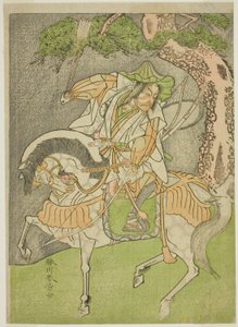 Näyttelijä Matsumoto Koshiro II Kagekiyona Naamioitunut Omi Yawatanosukeksi näytelmässä Haru wa Soga Akebono-zoshi, esitettiin Nakamura-teatterissa ensimmäisenä kuukautena, 1772 tekijältä Katsukawa Shunsho