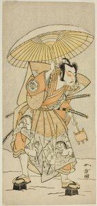 Näyttelijä Nakamura Juzo II Kajiwara Genta Kagetokina näytelmässä Izu-goyomi Shibai no Ganjitsu, esitettiin Morita-teatterissa yhdestoista kuukaudessa, 1772 tekijältä Katsukawa Shunsho
