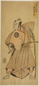 Näyttelijä Nakamura Nakazo I Osada no Taron (?) roolissa näytelmässä Ima o Sakari Suehiro Genji (?), joka esitettiin Nakamura-teatterissa (?) yhdestoista kuukaudessa 1768 (?) tekijältä Katsukawa Shunsho