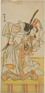 Näyttelijä Nakamura Nakazo I prinssi Takahirona näytelmäpäivämäärässä Nishiki Tsui no Yumitori, esitettiin Morita-teatterissa yhdestoista kuukaudessa, 1778 tekijältä Katsukawa Shunsho