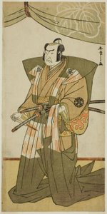 Näyttelijä Nakamura Nakazo I Saito Sanemorina näytelmässä Kitekaeru Nishiki no Wakayaka, joka esitettiin Nakamura-teatterissa yhdestoista kuukaudessa, 1780 tekijältä Katsukawa Shunsho