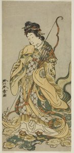 Näyttelijä Nakamura Noshio I Enoshiman bensaitenina näytelmässä Onno Aruji Hatsuyuki no Sekai, esitettiin Morita-teatterissa yhdestoista kuukaudessa, n. 1773 (värillinen puupainatus; hosoban) tekijältä Katsukawa Shunsho