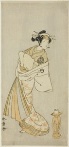 Näyttelijä Nakamura Noshio I kurtisaani Takaon hengen roolissa Shosagoto-tanssisarjassa "Sono Utsushi-e Matsu ni Kaede" (Varjokuva männystä ja vaahterasta), Keisei Momiji no -näytelmän toisen osan viimeinen kohtaus Uchikake (Courtesan Over-K tekijältä Katsukawa Shunsho