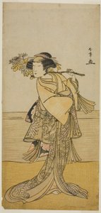 Näyttelijä Nakamura Tomijuro I naaraskettuna Ubagadaken vuorelta näytelmässä Chigo Torii Tobiiri Kitsune, esitettiin Ichimura-teatterissa yhdestoista kuukaudessa, 1777 tekijältä Katsukawa Shunsho