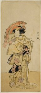 Näyttelijä Nakamura Tomijuro I naaraskettuna Ubagadaken vuorelta näytelmässä Chigo Torii Tobiiri Kitsune, esitettiin Ichimura-teatterissa yhdestoista kuukaudessa, 1777 tekijältä Katsukawa Shunsho