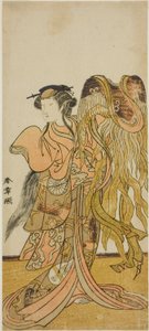 Näyttelijä Nakamura Tomijuro I Tsurugan kurtisaani Toyamana näytelmässä Keisei Tsuki no Miyako, esitettiin Morita-teatterissa kahdeksannessa kuukaudessa, 1775 tekijältä Katsukawa Shunsho