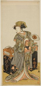 Näyttelijä Nakamura Tomijuro I naispapukakkukauppiaana Hyugayana näytelmässä Chigo Torii Tobiiri Kitsune, esitettiin Ichimura-teatterissa yhdestoista kuukaudessa, 1777 tekijältä Katsukawa Shunsho