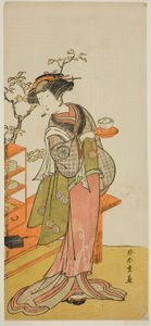 Näyttelijä Nakamura Tomijuro I tarjoilija Otakena näytelmässä Chigo Suzuri Aoyagi Soga, esitettiin Nakamura-teatterissa ensimmäisenä kuukautena, 1777 tekijältä Katsukawa Shunsho