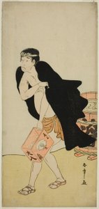 Näyttelijä Onoe Matsusuke I Palanquin Bearer Goheina näytelmässä Kitekaeru Nishiki no Wakayaka, joka esitettiin Nakamura-teatterissa yhdestoista kuukaudessa, 1780 tekijältä Katsukawa Shunsho