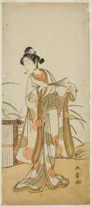 Näyttelijä Segawa Kikunojo III Aigo no Wakan roolissa näytelmässä Chigo Sakura Jusan Kane, esitettiin Ichimura-teatterissa yhdestoista kuukaudessa, 1774 tekijältä Katsukawa Shunsho