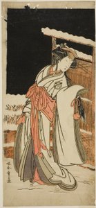Näyttelijä Segawa Kikunojo III Lady Shizuka (Shizkua Gozen) Tamazusaksi naamioituna näytelmässä Chigo Torii Tobiiri Kitsune, joka esitettiin Ichimura-teatterissa yhdestoista kuukaudessa, 1777 tekijältä Katsukawa Shunsho